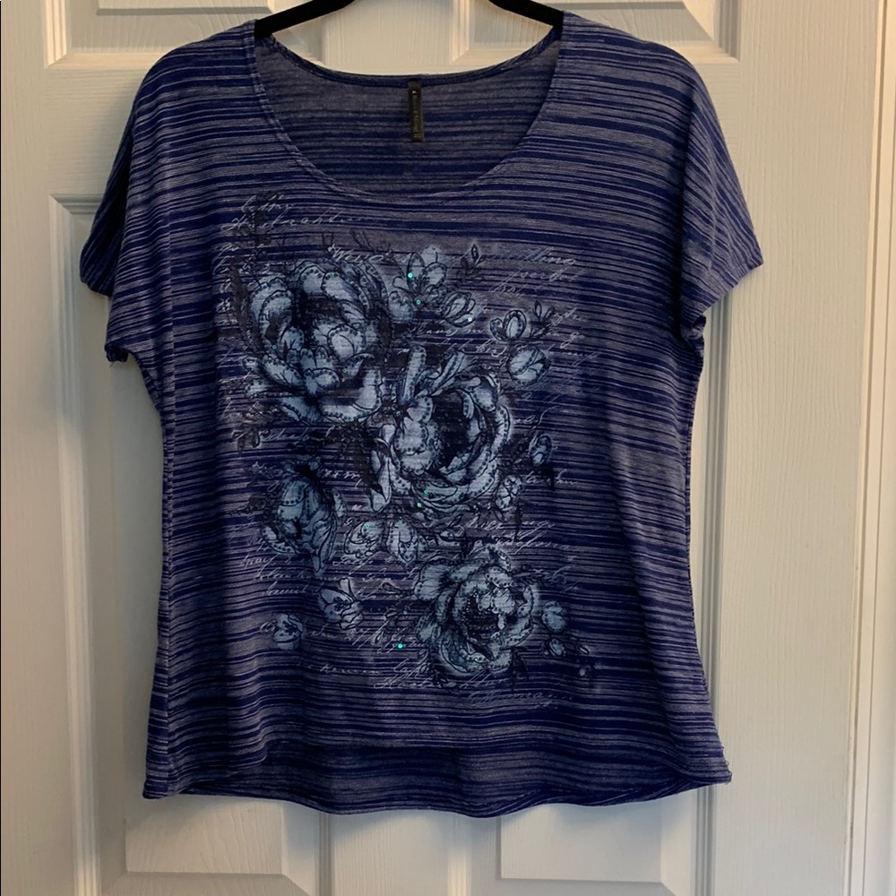 Bleeder & Dougal Blue Striped Floral Women's Top Petite Large